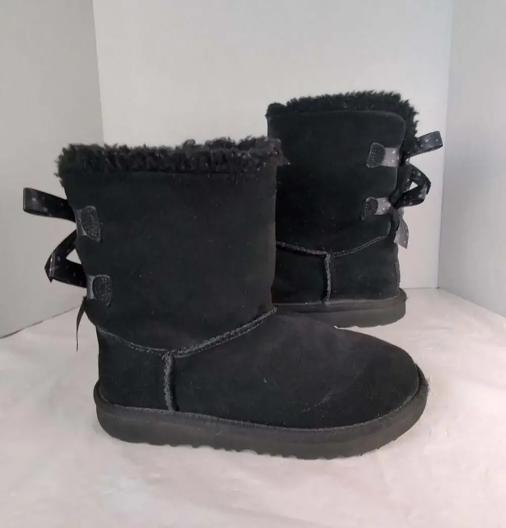 UGG Kids Bailey Bow II Galaxy Black Suede Boots Star and Planet Print Bows 3Y